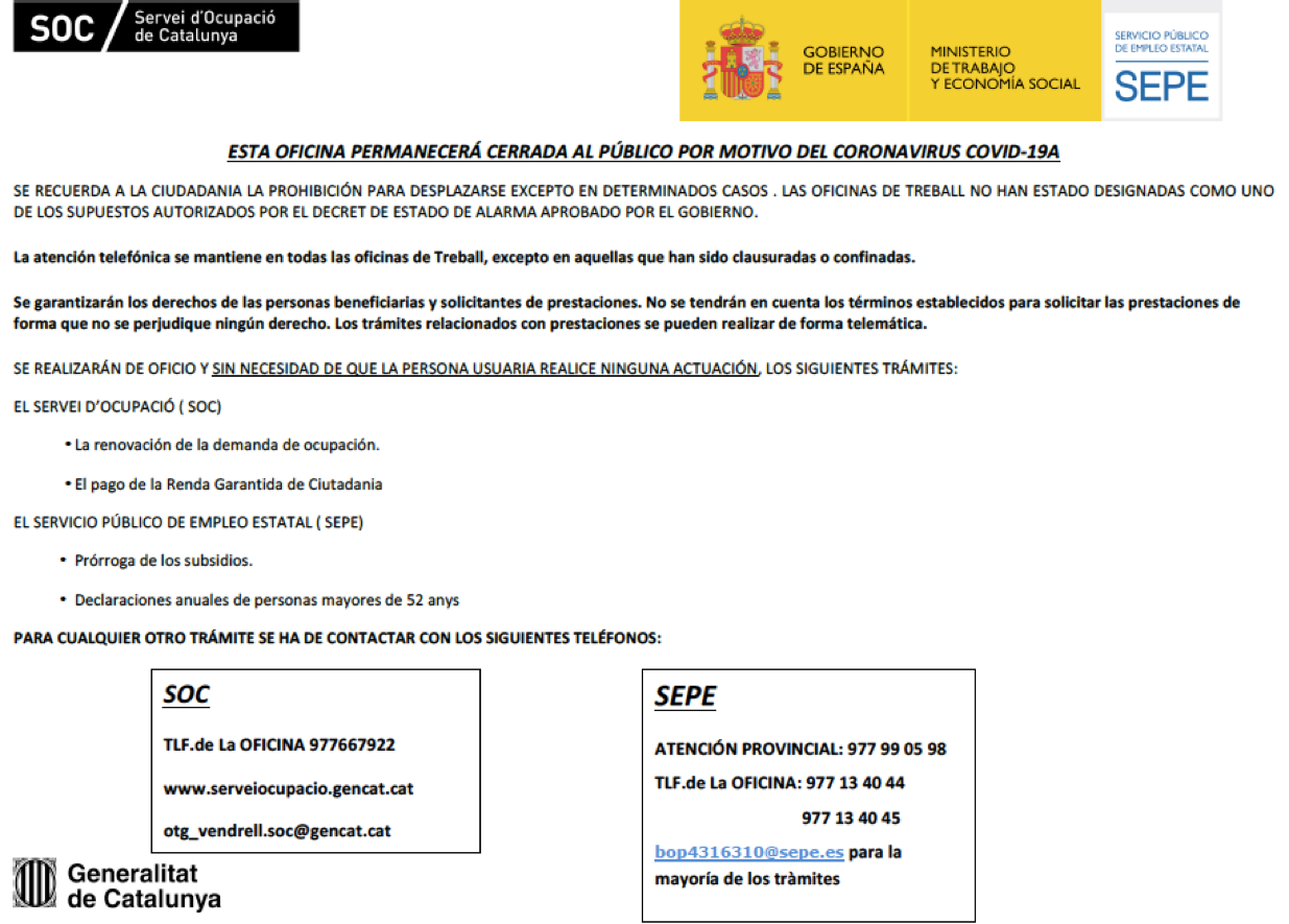 Avís de l’Oficina de Treball de la Generalitat del Vendrell i del SEPE