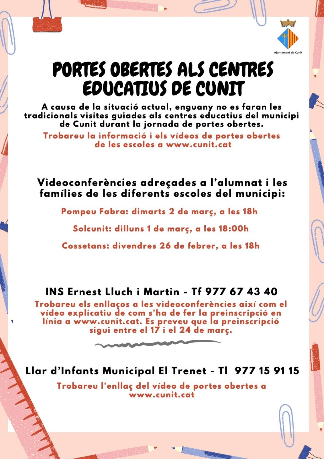 Informació sobre les jornades de Portes Obertes als centres educatius de Cunit