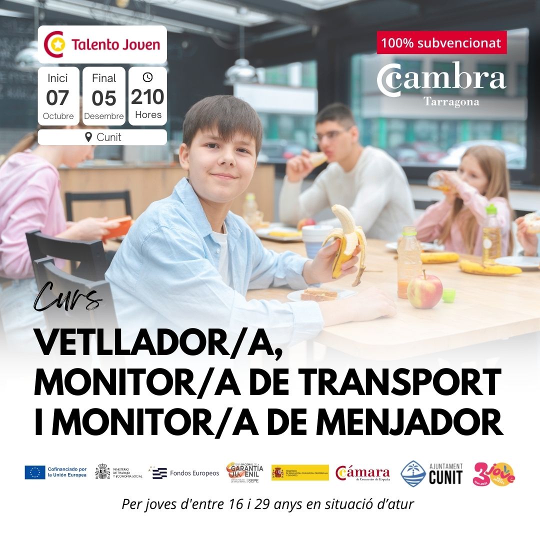Curs de Vetllador/a, monitor/a de transport i menjador escolar, per a joves de 16 a 29 anys.