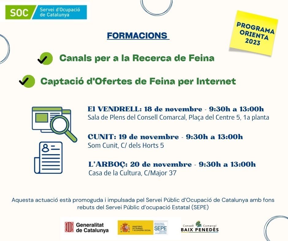 Formacions gratuïtes per a persones en recerca de feina a Cunit