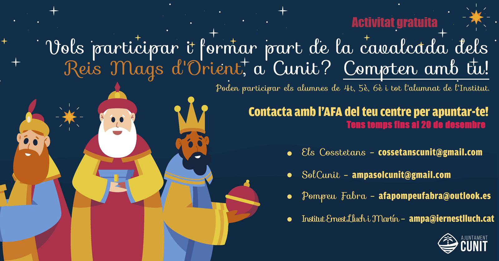 Participa a la Cavalcada dels Reis Mags d’Orient a Cunit!