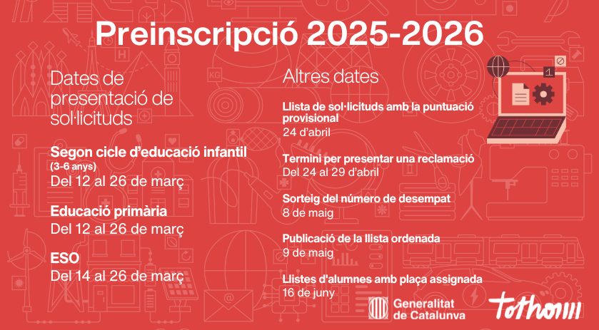 Avançament de les dates de preinscripció i matrícula del curs 2025-2026