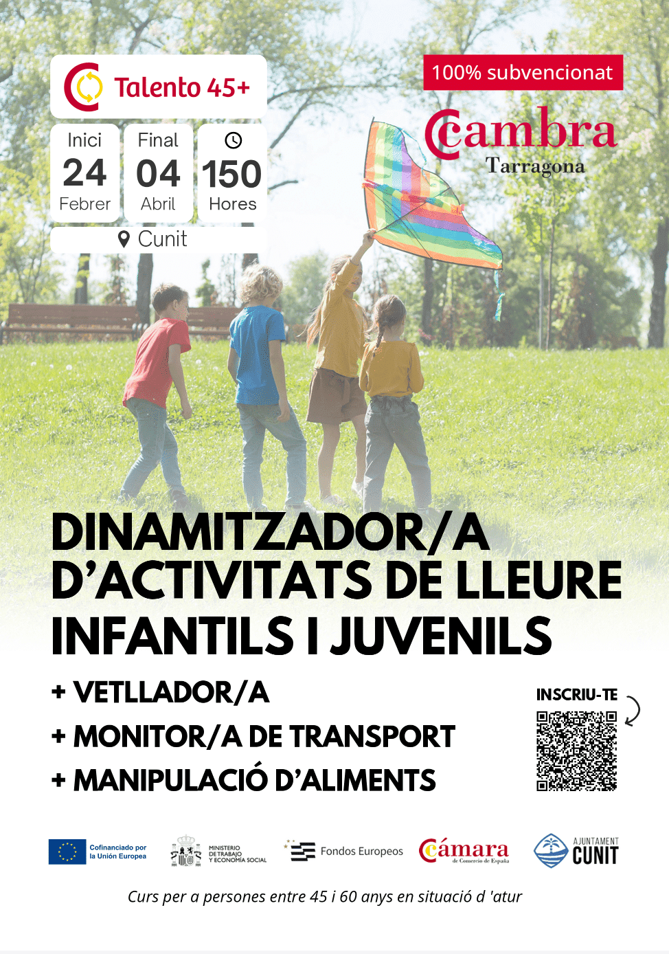 Curs subvencionat per a persones de 45 a 60 anys: dinamitzador/a d’activitats de lleure, vetllador/a, monitor/a de transport escolar i manipulació d’aliments