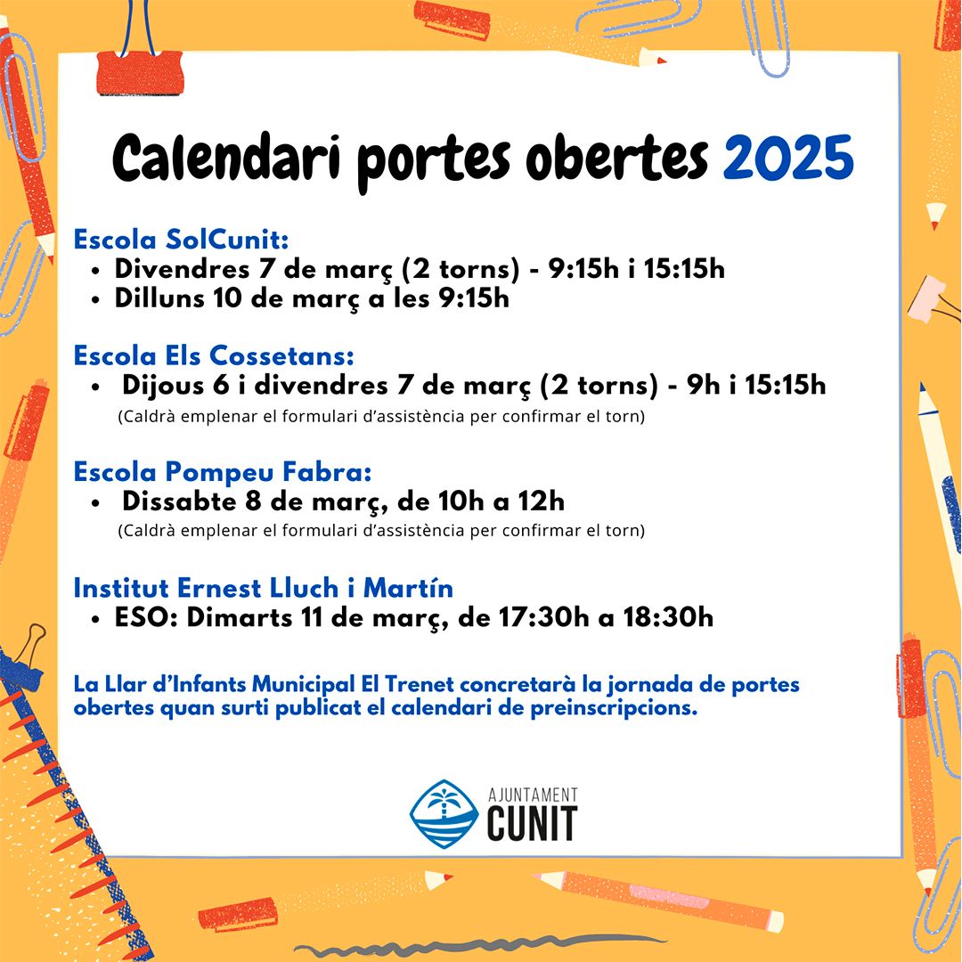Calendari de Portes Obertes 2025 a les escoles i institut de Cunit
