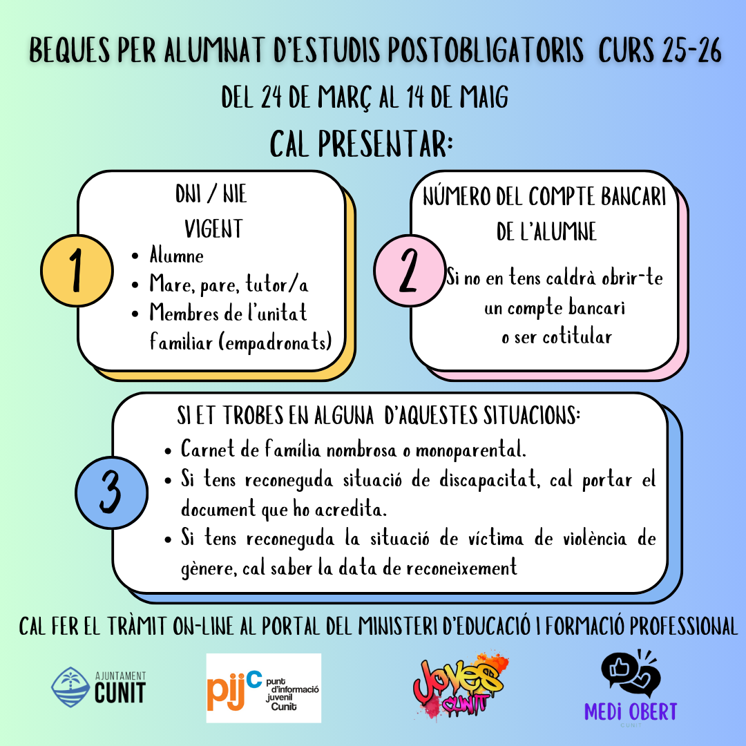 L’Espai Jove ofereix suport en la tramitació de beques per l’alumnat d’estudis postobligatoris curs 2025-2026