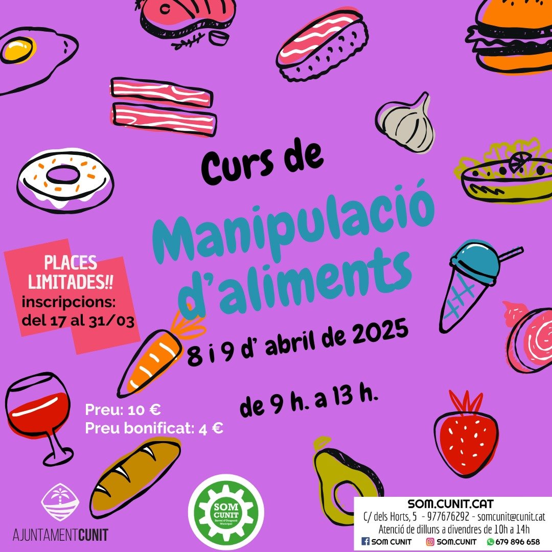 Cunit ofereix un nou curs de manipulació d’aliments els dies 8 i 9 d’abril