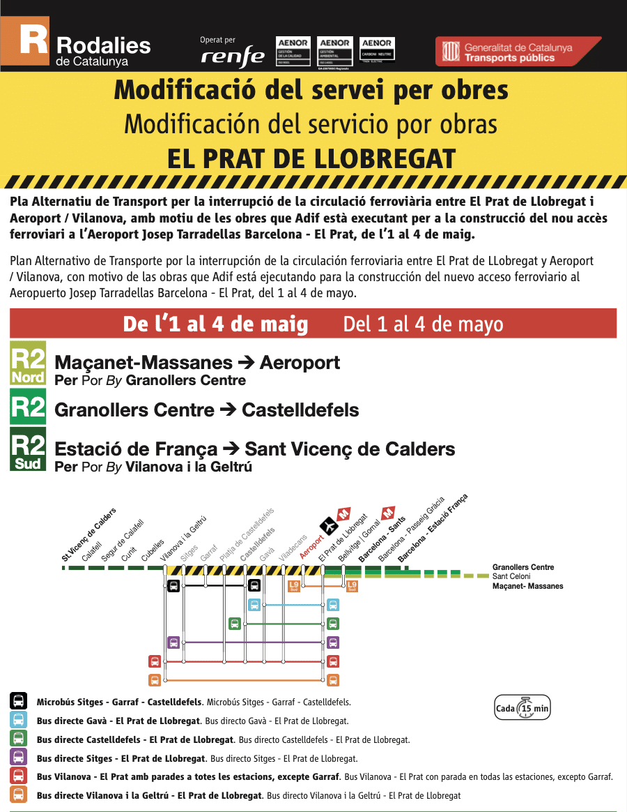 De l’1 al 4 de maig, modificació del servei de Rodalies de Catalunya per les obres del nou accés a l’Aeroport