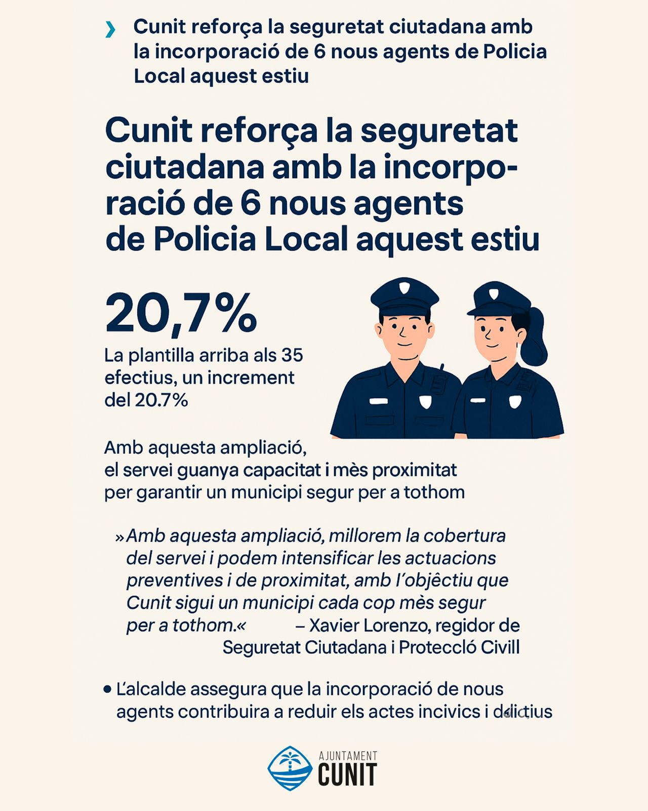 Cunit reforça la seguretat ciutadana amb la incorporació de 6 nous agents de Policia Local