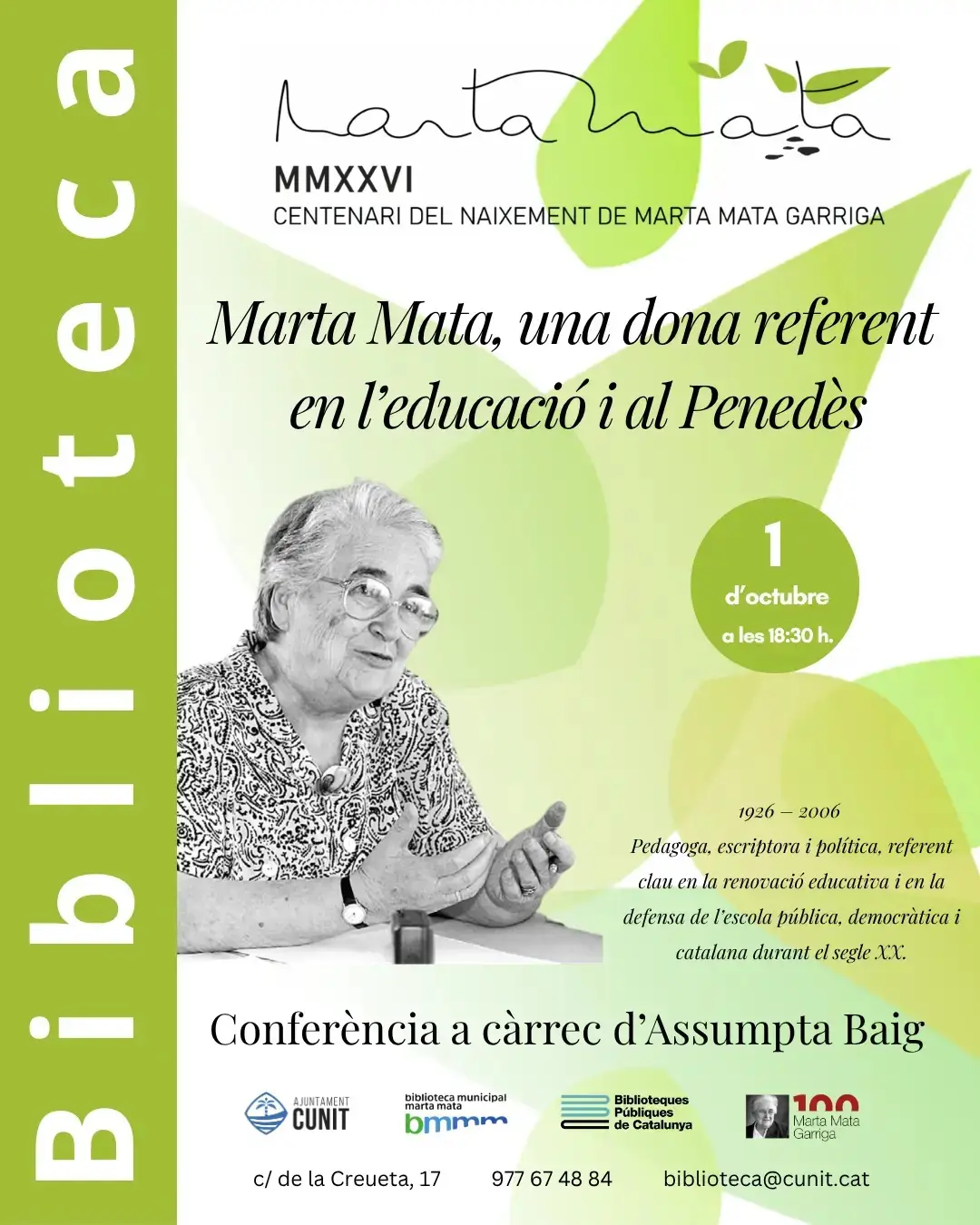 La Biblioteca Marta Mata acull una conferència sobre el llegat de Marta Mata al Penedès
